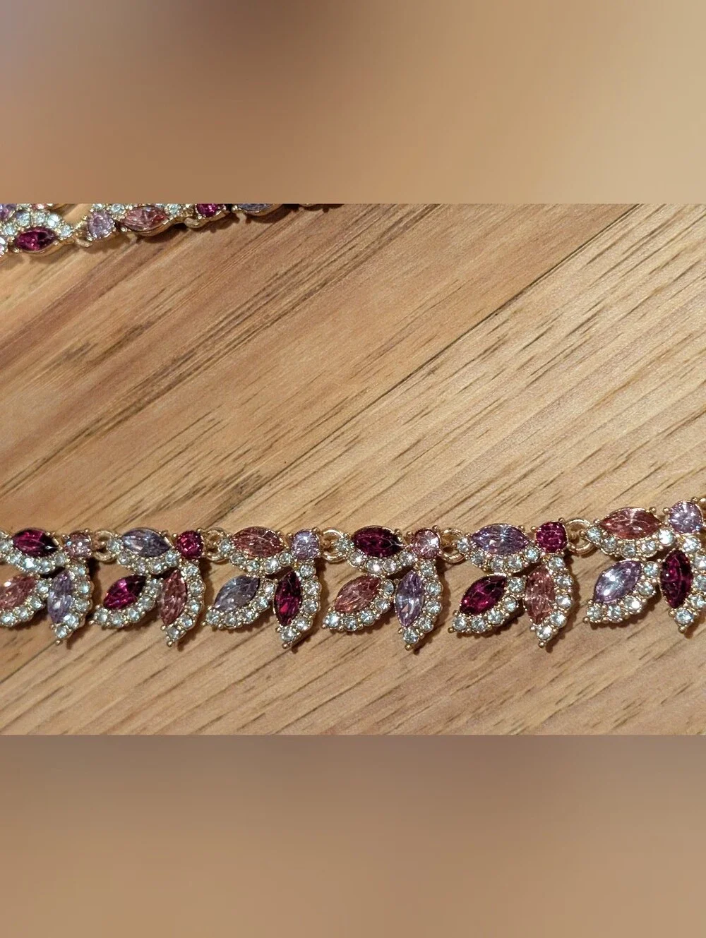 Gold-Tone Light And Deep Pink Crystal Leaf Necklace